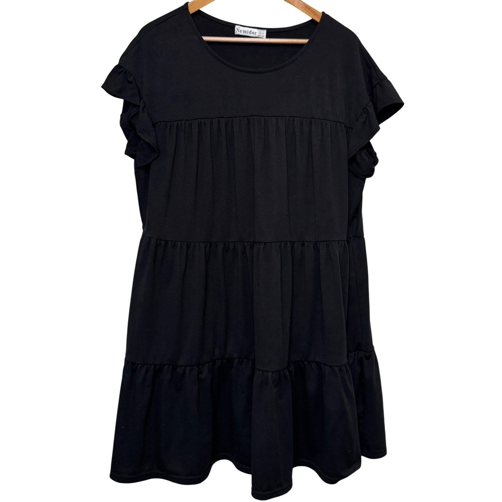 Nemidor Babydoll Dress Size 16 Black Tiered Ruffle Flutter Sleeve Casual LBD